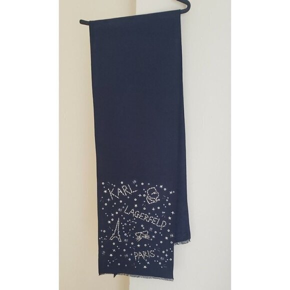 NWT KARL LAGERFELD PARIS NAVY METALLIC EMBELLISHED SCARF - Picture 1 of 6